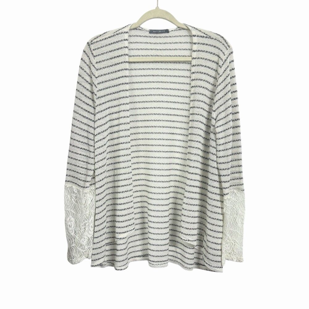 Suzy Shier Womens Sz L White Black Striped Knit Cardigan Lace Long Sleeve Accent